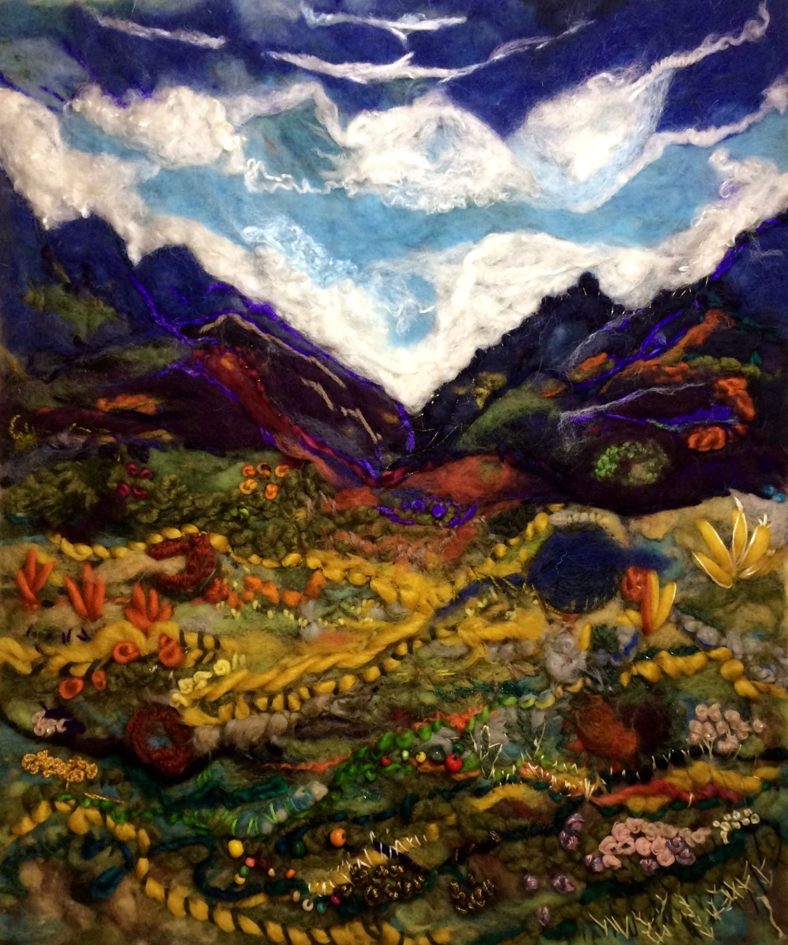 Needle Felted Fiber Valley Landscape Painting, Abstract Wool & Silk Embroidery Art