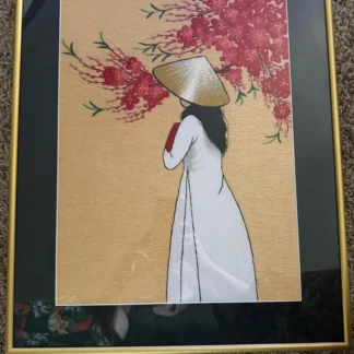 Traditional Vietnamese Silk Embroidery Painting: Woman in Ao Dai, Peach Blossoms (Tranh Theu)