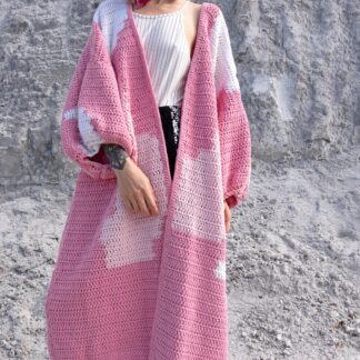 Handmade Crochet Maxi Cardigan: Pink & White Cotton, Puff Sleeves