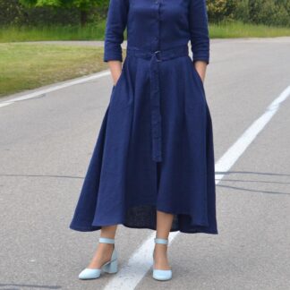 Handmade Blue Linen Midi Dress Women, Textured Bodice, Button Down Clothing