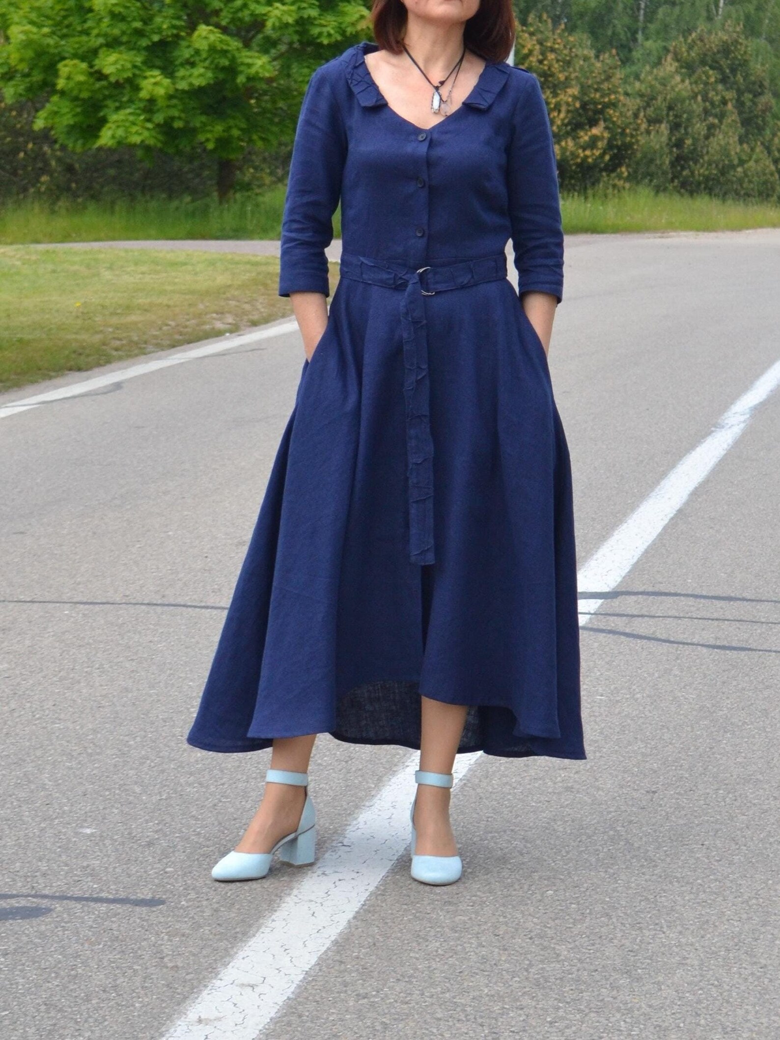 Handmade Blue Linen Midi Dress Women, Textured Bodice, Button Down Clothing