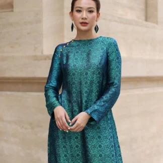 Round Neck Silk Vietnamese Tunic Dress, Silk Ao Dai With Pants