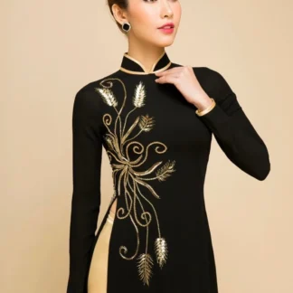 Black Chiffon Ao Dai: Gold Beaded Vietnamese Dress with Gold Satin Pants