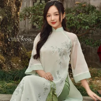 Shifted Cyan Embroidery Chiffon with Tassel Ao Dai Set