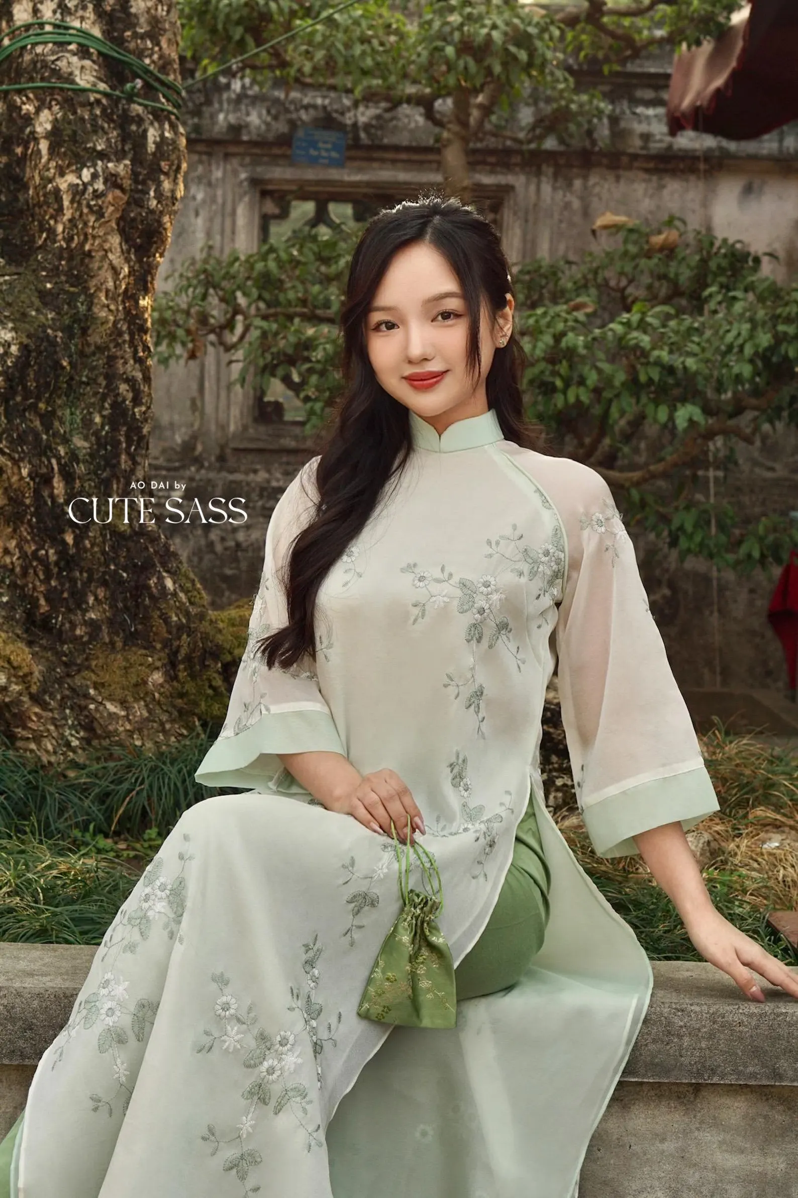 Shifted Cyan Embroidery Chiffon with Tassel Ao Dai Set